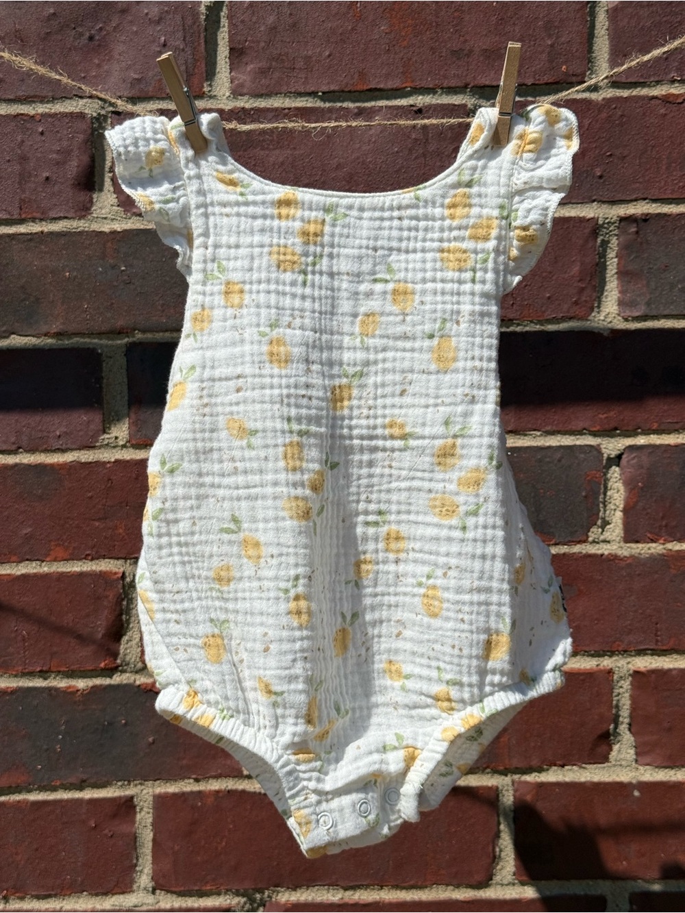 Rabbit + Bear White with Lemon Print Muslin Baby One-Piece Romper
